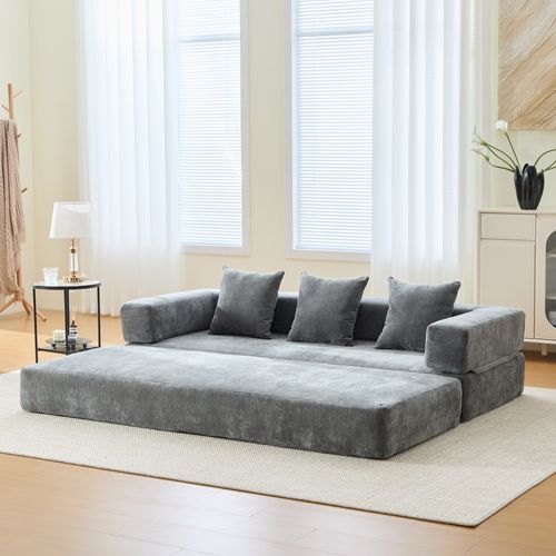 Canapé Modulable 198x79x60 Cm Avec Poches Latérales, Assemblage Diy, Chenille Gris