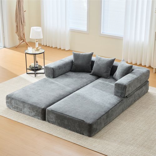 Canapé Modulable 198x79x60 Cm Avec Poches Latérales, Assemblage Diy, Chenille Gris