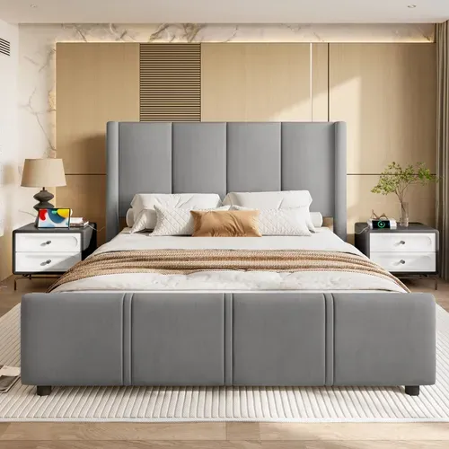 Lit Double 140 X 190cm Tête De Lit Haut, Design simple, Velours, Gris Foncé