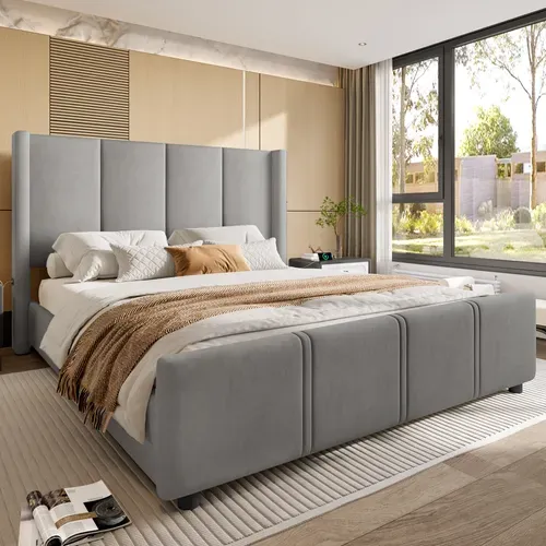 Lit Double 140 X 190cm Tête De Lit Haut, Design simple, Velours, Gris Foncé