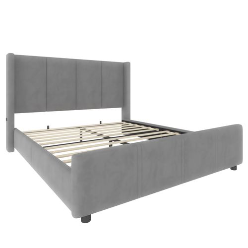 Lit Double 140 X 190cm Tête De Lit Haut, Design simple, Velours, Gris Foncé
