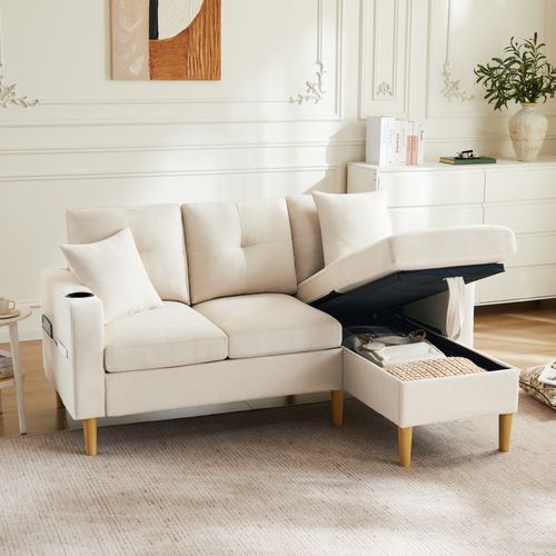 Canapé Avec Coffre 3 Places Avec 2 Coussins, Rangement, 2 Porte-gobelets, Tissu Coton-lin Beige