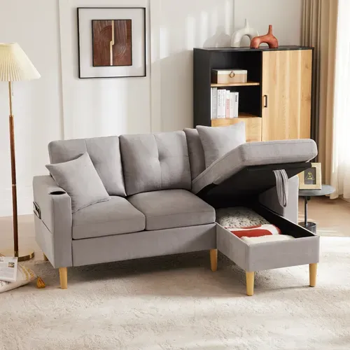 Canapé 3 Places Avec Coffre De Rangement En Coton-lin Gris Clair Avec 2 Coussins Et 2 Porte-gobelets
