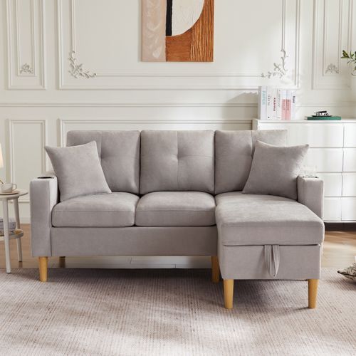 Canapé 3 Places Avec Coffre De Rangement En Coton-lin Gris Clair Avec 2 Coussins Et 2 Porte-gobelets