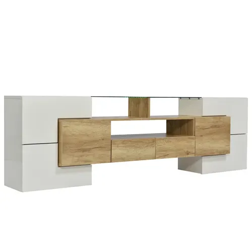 Meuble TV 200 Cm Blanc Brillant Et Bois Avec LED, 6 Portes, 2 Tiroirs Et 3 Compartiments