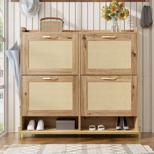 Meuble à Chaussures108,5x24x100cm, 4 Portes, Naturel, Base Métallique, Mdf, Couleur Bois