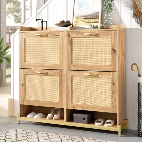 Meuble à Chaussures108,5x24x100cm, 4 Portes, Naturel, Base Métallique, Mdf, Couleur Bois