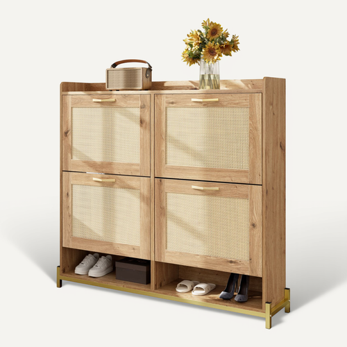 Meuble à Chaussures108,5x24x100cm, 4 Portes, Naturel, Base Métallique, Mdf, Couleur Bois