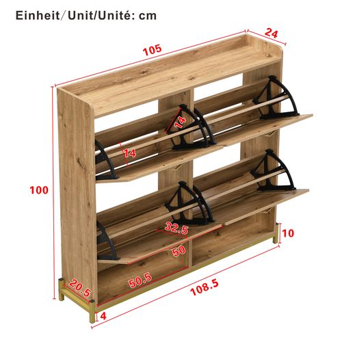 Meuble à Chaussures108,5x24x100cm, 4 Portes, Naturel, Base Métallique, Mdf, Couleur Bois