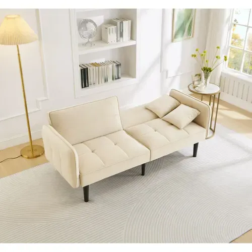 Canapé Droit 176x78x76 Cm, Canapé-lit 2 En 1 Réglable, Accoudoirs Rabattables, Velours Beige
