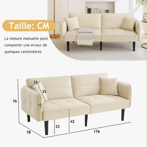 Canapé Droit 176x78x76 Cm, Canapé-lit 2 En 1 Réglable, Accoudoirs Rabattables, Velours Beige