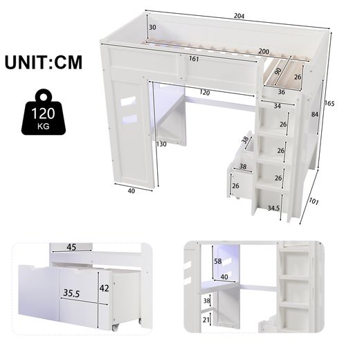 Lit Mezzanine Blanc 90x200 Cm Avec Bureau, LED, 2 Tiroirs De Rangements, Penderie, Bois De Pin