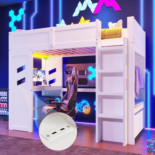 Lit Mezzanine Blanc 90x200 Cm Avec Bureau, LED, 2 Tiroirs De Rangements, Penderie, Bois De Pin