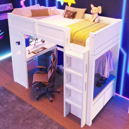 Lit Mezzanine Blanc 90x200 Cm Avec Bureau, LED, 2 Tiroirs De Rangements, Penderie, Bois De Pin