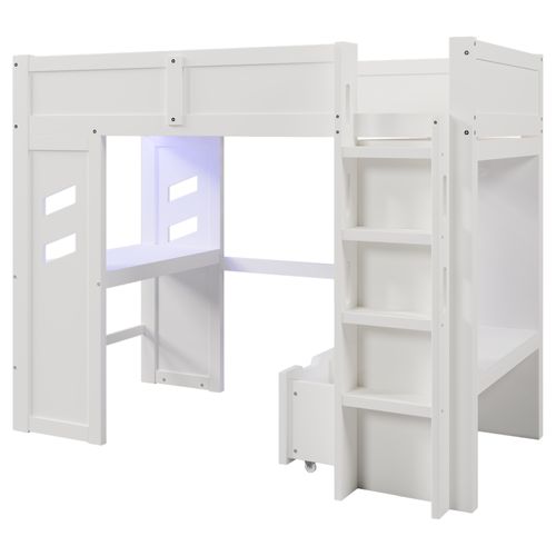 Lit Mezzanine Blanc 90x200 Cm Avec Bureau, LED, 2 Tiroirs De Rangements, Penderie, Bois De Pin