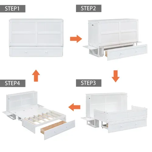 Lit Escamotable 140x200 Cm 2 Places Avec Tiroir Et Étagères Latérales, Bois De Pin Blanc