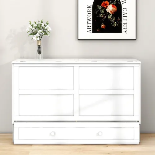 Lit Escamotable 140x200 Cm 2 Places Avec Tiroir Et Étagères Latérales, Bois De Pin Blanc