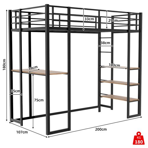 Lit Mezzanine 90x190 Cm En Métal Noir Avec Bureau Intégré Et Étagères De Rangement