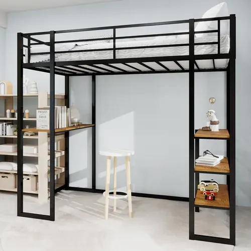 Lit Mezzanine 90x190 Cm En Métal Noir Avec Bureau Intégré Et Étagères De Rangement