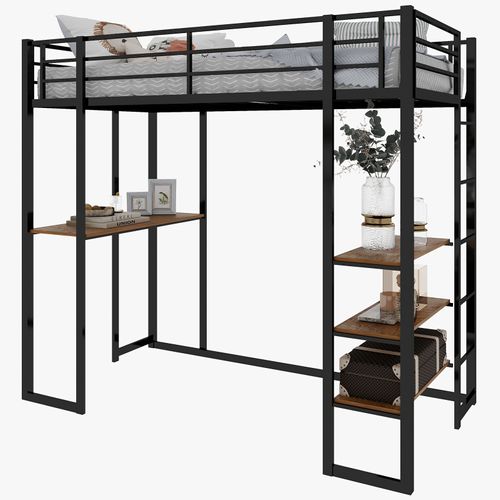 Lit Mezzanine 90x190 Cm En Métal Noir Avec Bureau Intégré Et Étagères De Rangement