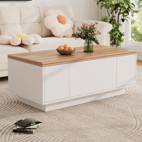 Table Basse Moderne 100x50x55,5cm, Double Mécanisme De Levage, Rangement, Aggloméré, Blanc Et Bois
