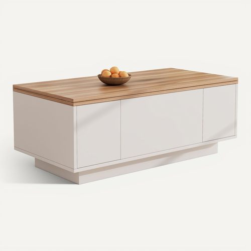 Table Basse Moderne 100x50x55,5cm, Double Mécanisme De Levage, Rangement, Aggloméré, Blanc Et Bois