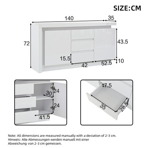 Buffet Moderne 140x35x72 Cm Avec 3 Tiroirs, Alimenté Par USB, LED, Panneaux De Particules Blanc