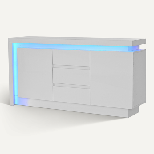 Buffet Moderne 140x35x72 Cm Avec 3 Tiroirs, Alimenté Par USB, LED, Panneaux De Particules Blanc