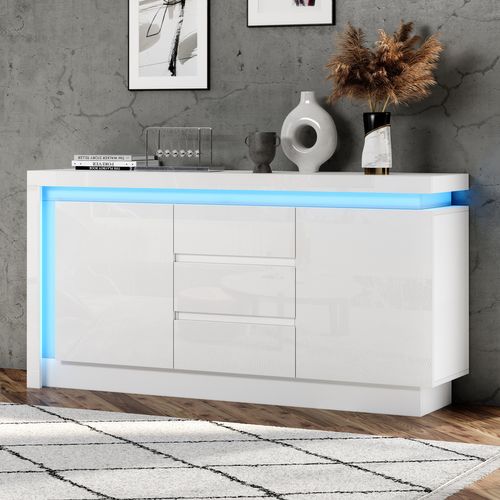 Buffet Moderne 140x35x72 Cm Avec 3 Tiroirs, Alimenté Par USB, LED, Panneaux De Particules Blanc