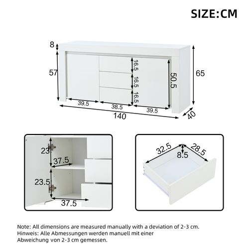 Buffet De Salon 140x40x65 Cm, Style Moderne, 3 Tiroirs, 2 Portes, LED, Rangement, Mdf Blanc