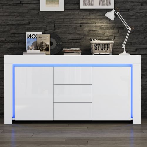 Buffet De Salon 140x40x65 Cm, Style Moderne, 3 Tiroirs, 2 Portes, LED, Rangement, Mdf Blanc