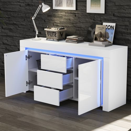 Buffet De Salon 140x40x65 Cm, Style Moderne, 3 Tiroirs, 2 Portes, LED, Rangement, Mdf Blanc