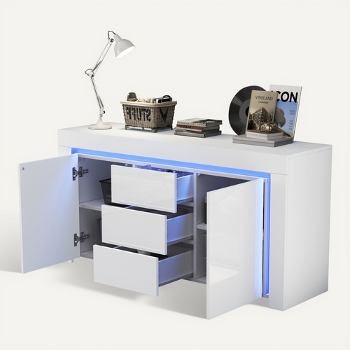 Buffet De Salon 140x40x65 Cm, Style Moderne, 3 Tiroirs, 2 Portes, LED, Rangement, Mdf Blanc