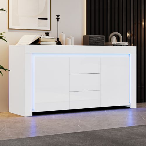 Buffet De Salon 140x40x65 Cm, Style Moderne, 3 Tiroirs, 2 Portes, LED, Rangement, Mdf Blanc