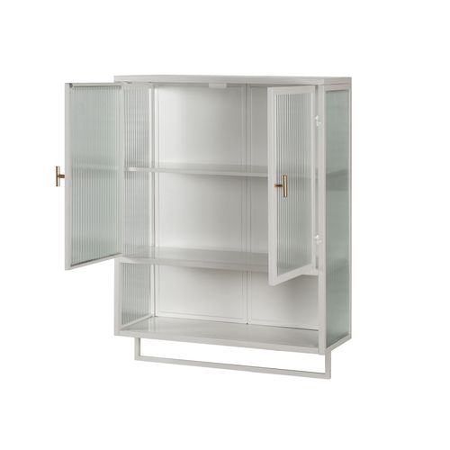 Armoire De Toilette 60x23x78cm, 2 Portes En Verre,  Design Simple, Étagère, Métal+verre, Blanc