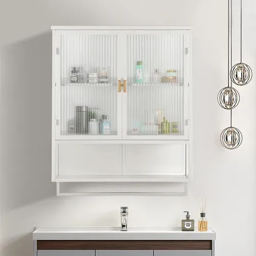 Armoire De Toilette 60x23x78cm, 2 Portes En Verre,  Design Simple, Étagère, Métal+verre, Blanc