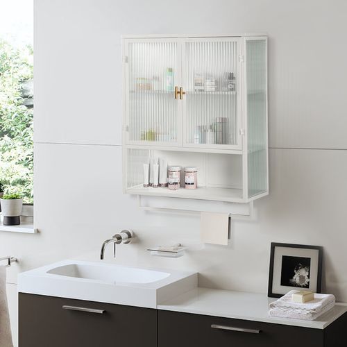 Armoire De Toilette 60x23x78cm, 2 Portes En Verre,  Design Simple, Étagère, Métal+verre, Blanc