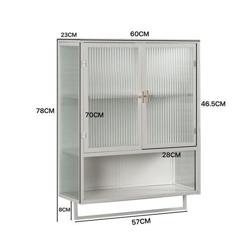 Armoire De Toilette 60x23x78cm, 2 Portes En Verre,  Design Simple, Étagère, Métal+verre, Blanc