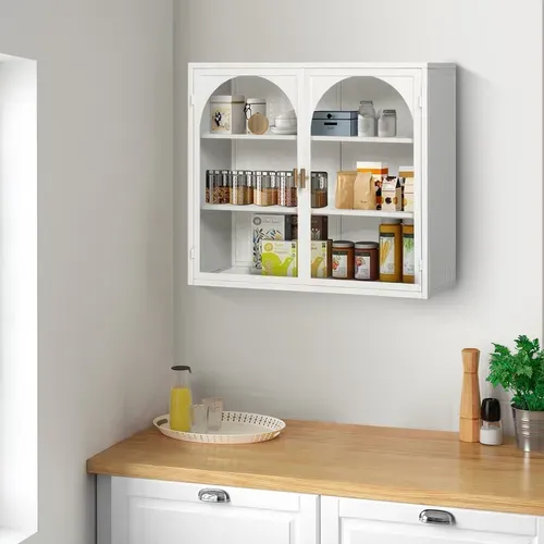 Armoire Murale 70x23x60cm, Moderne, 2 Portes En Verre, Motif Tressé , Étagère, Métal, Blanc