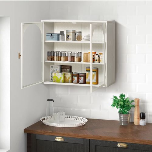 Armoire Murale 70x23x60cm, Moderne, 2 Portes En Verre, Motif Tressé , Étagère, Métal, Blanc