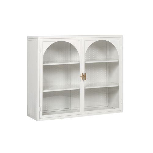 Armoire Murale 70x23x60cm, Moderne, 2 Portes En Verre, Motif Tressé , Étagère, Métal, Blanc