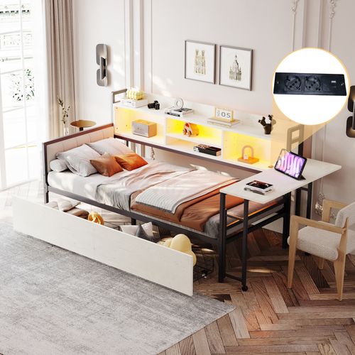 Lit 90x200 Cm Avec LED, 2 Tiroirs, Bureau Intégré Et Prise, Rangement, Cadre En Métal