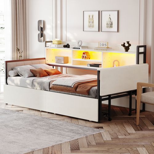 Lit 90x200 Cm Avec LED, 2 Tiroirs, Bureau Intégré Et Prise, Rangement, Cadre En Métal