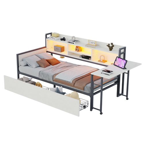 Lit 90x200 Cm Avec LED, 2 Tiroirs, Bureau Intégré Et Prise, Rangement, Cadre En Métal