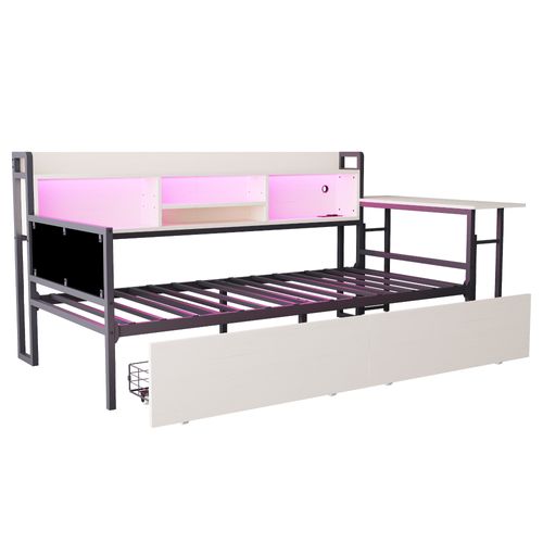 Lit 90x200 Cm Avec LED, 2 Tiroirs, Bureau Intégré Et Prise, Rangement, Cadre En Métal