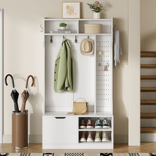 Vestiaire D’entrée Blanc Avec Porte-manteau, Banc, Rangement Et Meuble à Chaussures Rabattable