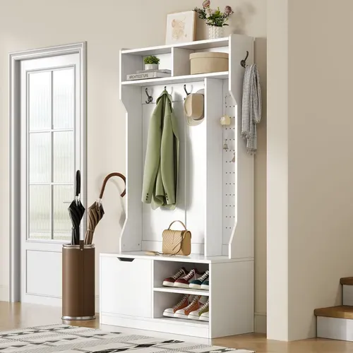 Vestiaire D’entrée Blanc Avec Porte-manteau, Banc, Rangement Et Meuble à Chaussures Rabattable