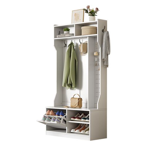 Vestiaire D’entrée Blanc Avec Porte-manteau, Banc, Rangement Et Meuble à Chaussures Rabattable