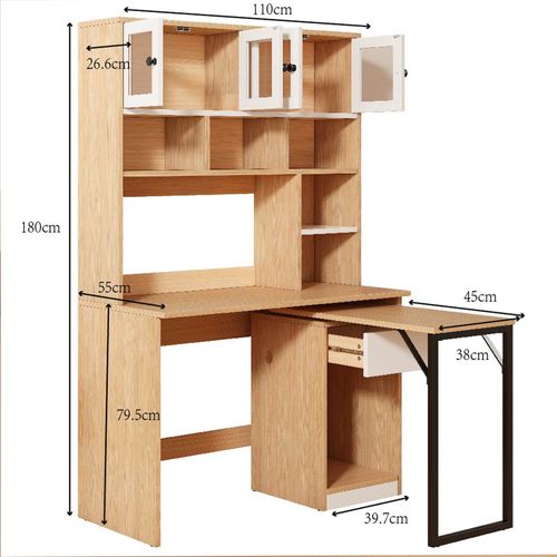 Bureau D'angle 110*55*180cm, 4 Portes, Tiroir, 6 Niche, Plateau Pivotant, Mdf, Couleur Bois Et Blanc