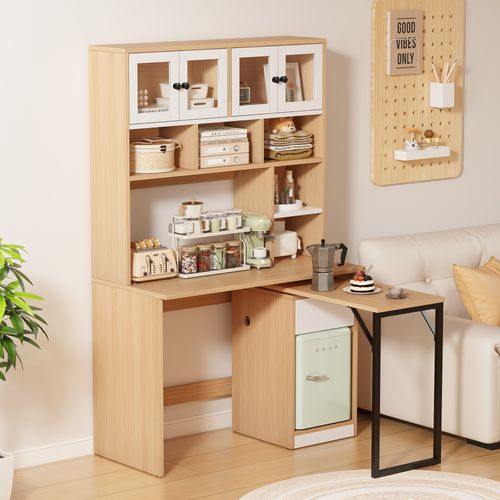 Bureau D'angle 110*55*180cm, 4 Portes, Tiroir, 6 Niche, Plateau Pivotant, Mdf, Couleur Bois Et Blanc